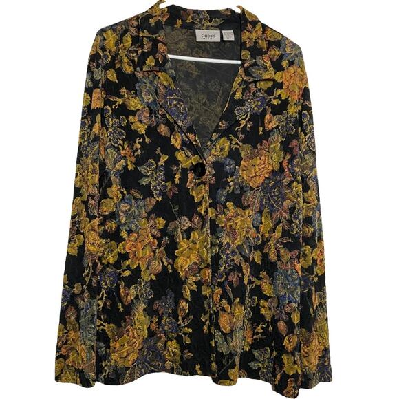 Chicos Travelers Blazer Slinky Art to Wear Floral Button Collar Black 2 L - Picture 1 of 4